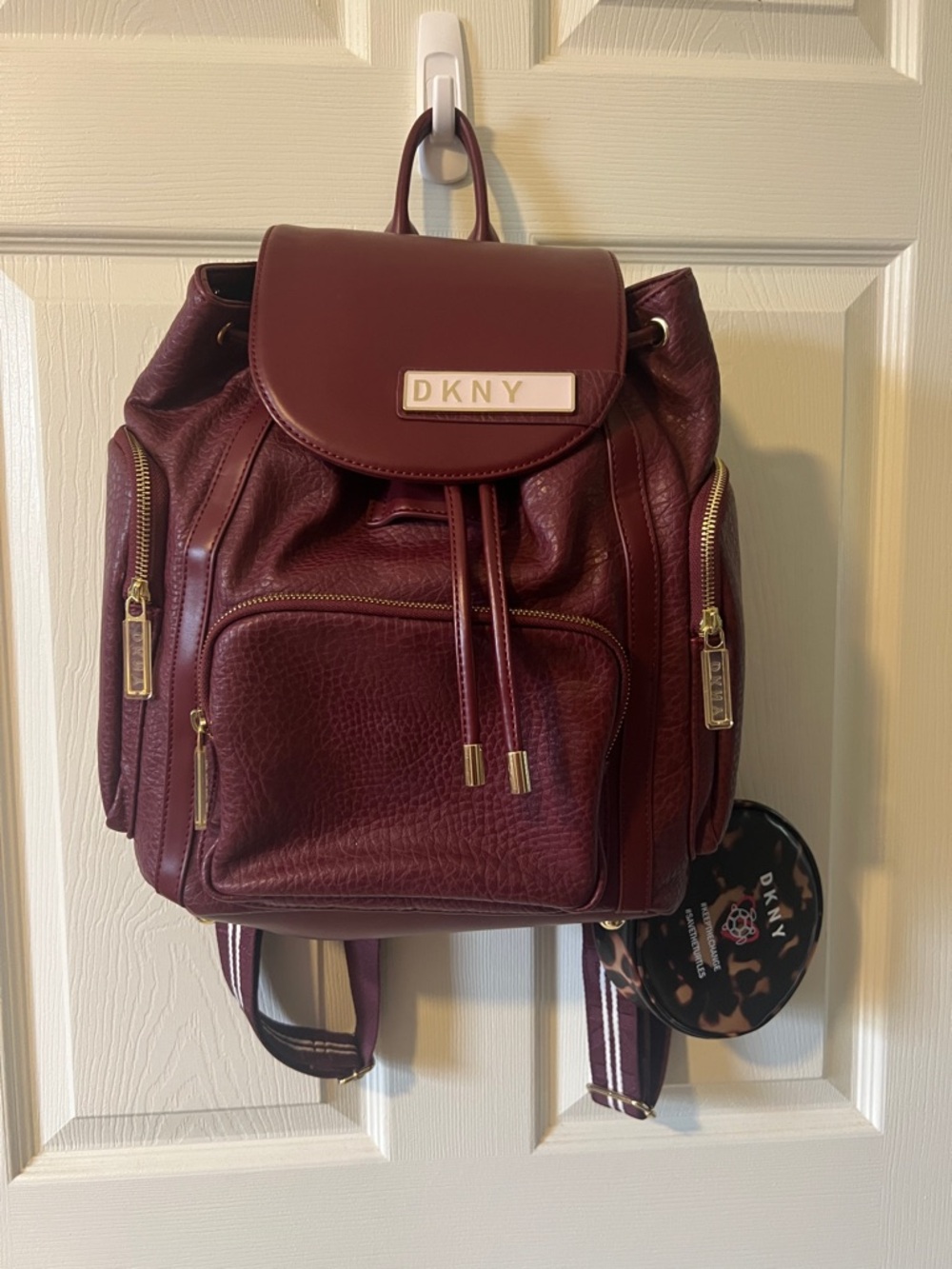 DKNY Wine Leather Backpack with Gold Hardware